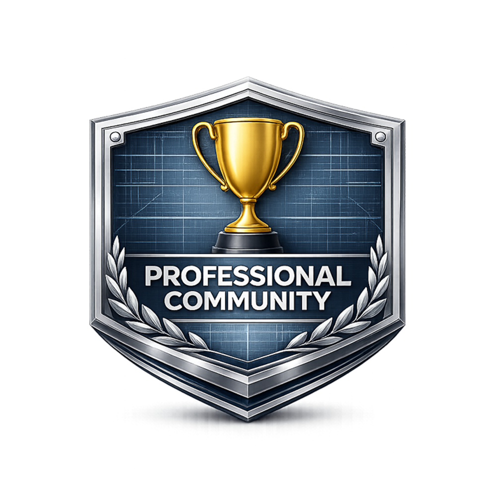 Professional community emblem featuring a trophy within a shield, representing industry recognition and professional standards